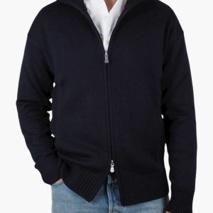 Heavy Knitted Merino Wool Full Zip Sweater Navy